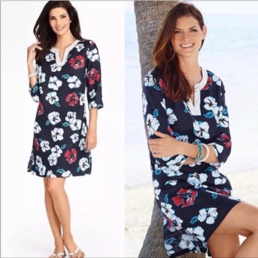 Talbots 100% Linen Beaded Neckline Navy Hibiscus Tropical Floral Tunic Dress XXL